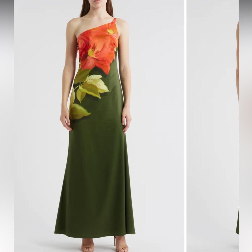 Vince Camuto Placed Print One-Shoulder Satin Gown in Olive at Nordstrom